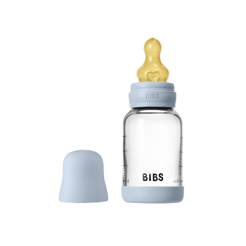 BIBS Glass Baby Bottle Round Latex 1 pack 120 ml Slow Flow Baby Blue