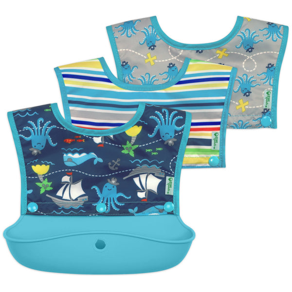 Green Spouts Snap & Go™ Silicone Food-Catcher Bib Aqua Pirate (3-In-1 )Set of 3 bibs