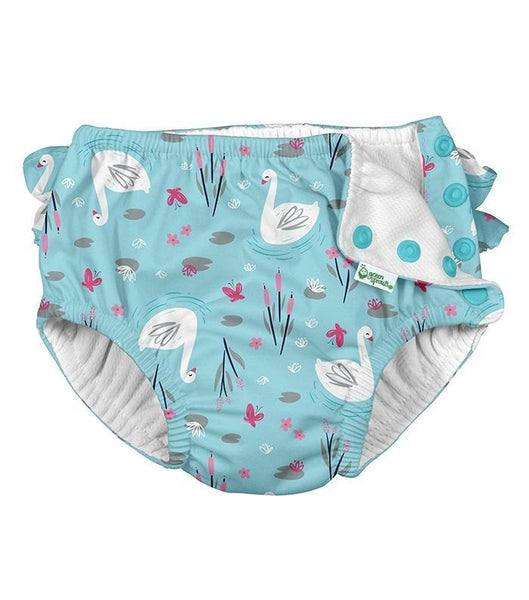 Ruffle Snap Reusable Absorbent Swimsuit Diaper Light Aqua Swan