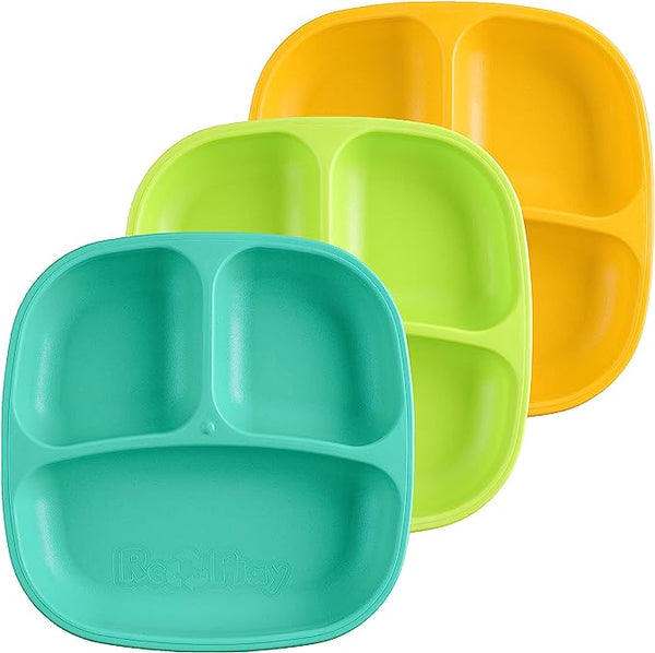 Re-Play 3 PK Divided Plates, Aqua (Aqua, Lime Green, Yellow)