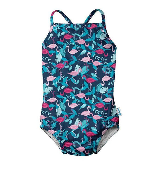Iplay One-piece Swimsuit with Build-in Reusable Absorbent Swim Diaper Navy Flamingos