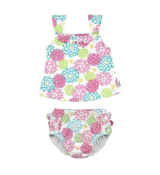 Two-Piece Ruffle Tankini With Snap Reusable Absorbent Swimsuit Diaper in White Zinnia
