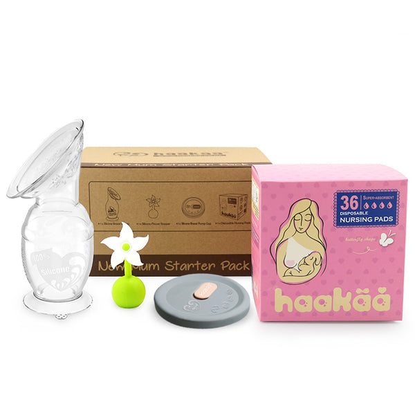 Haakaa New Mom Starter Kit Pack with White Flower Stopper and Grey Lid Silicone Breast Pump 150 ml
