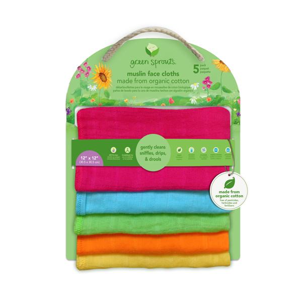 Green Sprouts Muslin Face Cloths Made from Organic Cotton 5 Pack Pink (Min. of 6)